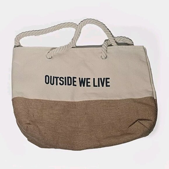 Corona Beer "Outside We Live" Braided Rope Handles Burlap Beach Bag 17.5"x11.5" - Picture 2 of 4